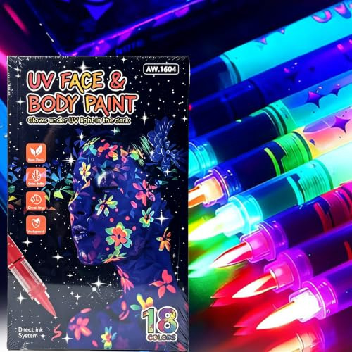 18 färger UV-svarta ljuspennor, tatueringspennor – hudvänlig, neonsmink, lysande in the dark face & body paint, vattentät kroppspainting-penna för neonfestdekoration, karneval, halloween