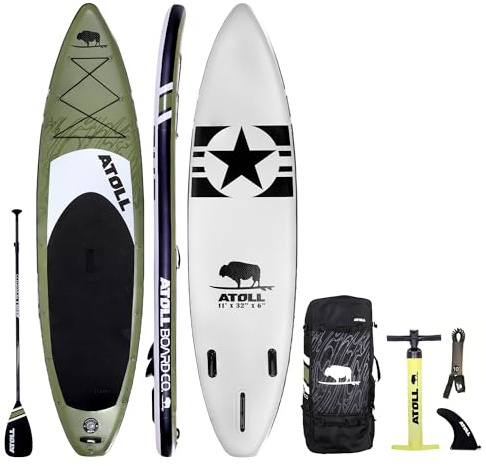 Atoll Inflatable Paddle Board with Premium SUP Stand Up Paddle Board Accessories & Back Pack, Non-Slip Comfort Deck for Unisex Adult - 11ft (Army Green)
