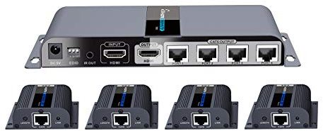 PremiumCord HDMI 1-4 Splitter + 4x Extender über Patchkabel CAT6 / 6a / 7, mit Netzteil, Metallgehäuse, Video Auflösung Full HD 1080p 60Hz, 3D, HDCP, Farbe schwarz