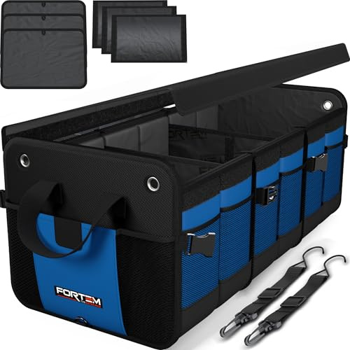 FORTEM Rangement Coffre de Voiture, Pratique et Spacieux, Boite Rangement voiture interieur pliable, Organisateur de Coffre Fond Antidérapant, Sangles de Sécurité et couvercle souple, Car Accessories