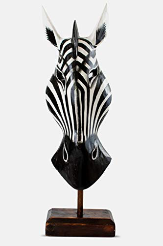 G6 Collection 20 Wooden Tribal Zebra Mask with Stand Hand Carved Home Decor Accent Sculpture Decoration Handmade Handcrafted Mask Stand Alone (Striped Black White)