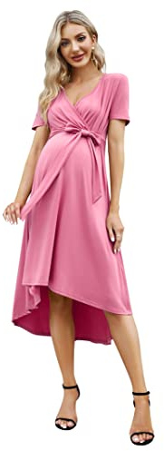 KOJOOIN Vestido de maternidad para mujer, vestido festivo de lactancia, cuello de pico, manga corta, vestido de maternidad con cinturón de verano (embalaje múltiple), rosa (manga corta), XL