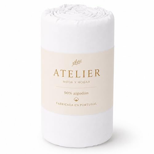 Sábana Bajera Ajustable Algodón 90%, Transpirable, Tacto Suave, Todas Las Medidas, Tejido Resistente, Alta Comodidad, Fabricado en Portuga (135 x 190/200 cm, Blanco)