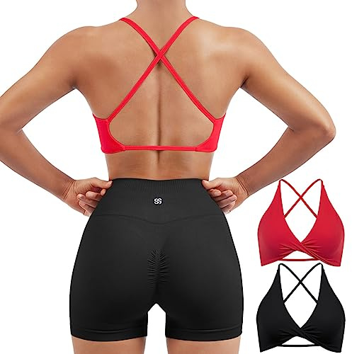 SUUKSESS Women 2 Piece Open Back Strappy Sports Bra Pack Twist Front V Neck Padded Workout Crops (#2 Black & Red, M)