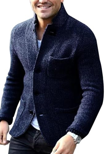 yoeasy Cardigan en Tricot boutonné à Manches Longues pour Homme avec col Blazer décontracté Ouvert sur Le Devant avec Poches, Noir foncé, Taille M