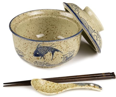 HLWDXno1 Juego de tazones de ramen Tazón de ramen de cerámica con tapa 800 ml para 1 persona Tazones de sopa grandes vintage japoneses Tazón de fideos instantáneos Vajilla asiática Cuchara y palillos,