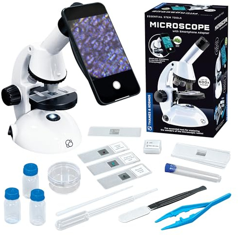Thames & Kosmos mikroskop Essential STEM-verktyg med smartphone-adapter för att fånga och visa mikroskopiska bilder, nybörjare-vetenskapsapparat, 60 gånger till 600 x förstoring och