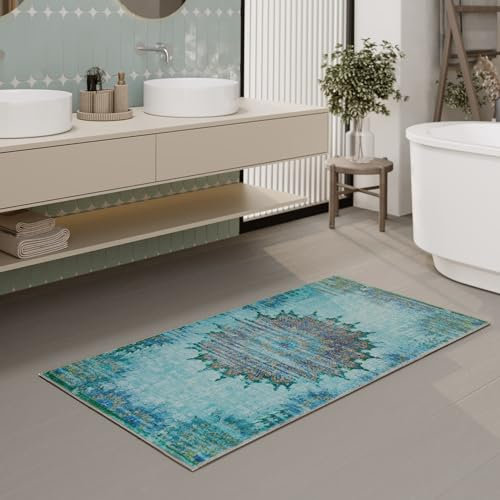 Waschbarer und Rutschfester Vintage Badezimmerteppich von WECONhome mit orientalischem Muster - Eleganz und Komfort für jedes Bad - Healing (55 x 65 cm, blau)
