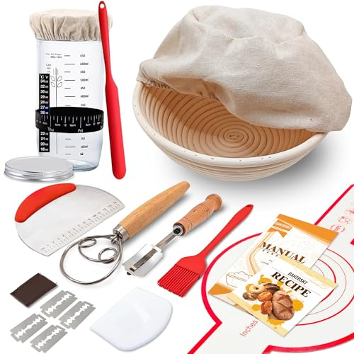 Complete Sourdough Starter Kit, Banneton Bread Proofing Basket with Glass Sourdough Starter Jar, Sourdough Bread Baking Supplies, 9'' Round Bread Proofing Basket, for Bread Making Baking Fermentation