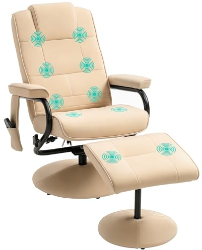 HOMCOM Poltrona Relax Massaggiante con Pouf Poggiapiedi, Poltrona Reclinabile a 145° con 10 Punti Massaggio e Telecomando in Finta Pelle, Crema
