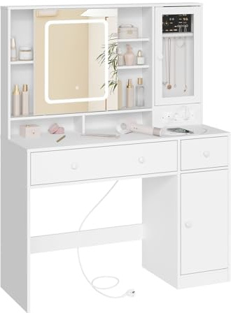 WOLTU Sminkbord med justerbar LED-spegel, eluttag, sminkbord med smyckesskåp, stora lådor, förvaringshyllor, garderob, 108x40 cm, sovrumsmöbler vit