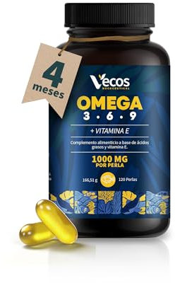 Omega 3-6-9 1000mg - 120 Cápsulas de Aceite de Pescado, Lino y Onagra - Con Vitamina E - Ácidos Grasos Esenciales para Salud Cardiovascular