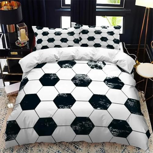 PUOJIEAT Copripiumino Una Piazza e Mezza Tema di Calcio, Morbida Microfibra Biancheria da Letto Calcio in Bianco e Nero Copripiumini 200x200 con 2 Federe 50x80 cm 3D Copripiumina Set w.10694