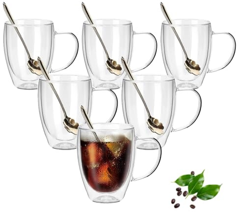 OPTVTAVITA Set di 6 tazze da caffè in vetro a doppia parete, 350 ml, tazze da caffè in vetro isolante con manici, tazze da caffè trasparenti per espresso, latte, cappuccino, vino, tè in bustina