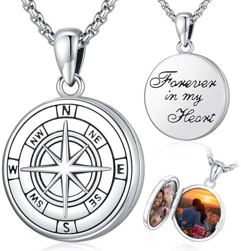 Friggem Collana con Ciondolo Bussola in Argento Sterling 925, Collana Medaglione con Foto Ciondolo Portafoto Bussola Gioielli per Uomo Donna