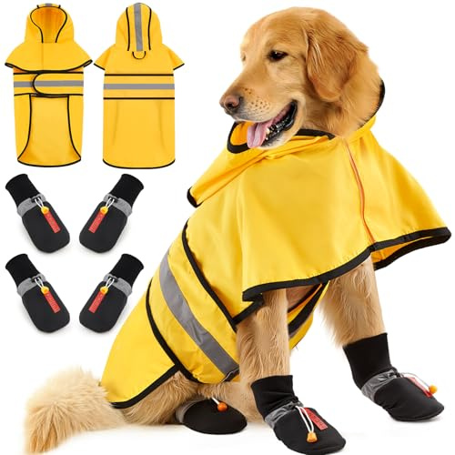 Sunnymove Dog Raincoat and Shoes for Weighing 35-50lbs, Spring Summer Waterproof Dogs Boots & Paw Protectors, Adjustable Pet Poncho with Leash Hole for Large Medium Small Dogs, Yellow(Single Side)