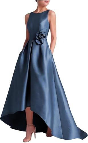 Vestidos De Invitada De Boda para Mujer con Bolsillo Formal Vestido De Madre De La Novia De Satén 3D Flores,Armada,XL