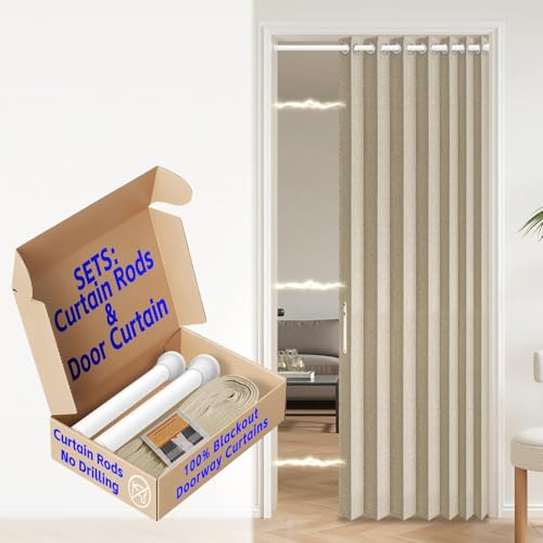 AJAZZ 100% Blackout Accordion Door Invisible Sliding Glass Door Curtain for Bedroom Living Room Doorway Curtain Sets Included Rod, 1Pack, W45 x L80 Inch, Cream Yellow