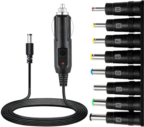 Cavo Accendisigari 12V DC 5.5 x 2.1mm Alimentatore Auto Universale 1,5 metro con 8 Connettori Jack Adattatore per Altoparlanti DVR Auto GPS Cameras Router e Altri Dispositivi