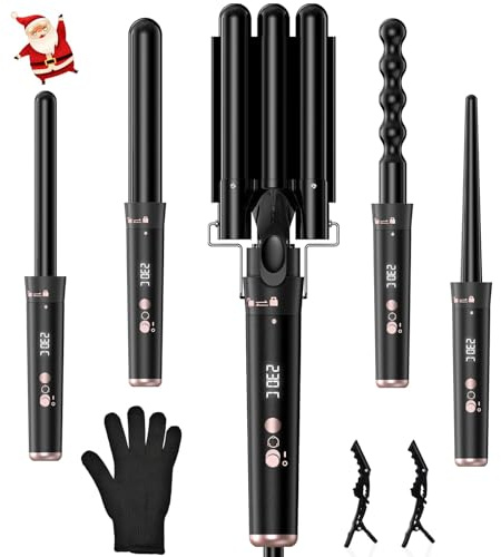 Ferro Arricciacapelli 5 in 1, Piastra Onde per Capelli Professionale con 4 Testine, Arricciacapelli Automatico con Display LED e Temperatura Regolabile, PTC Ceramica per Capelli Ricci, Mossi e Boccoli