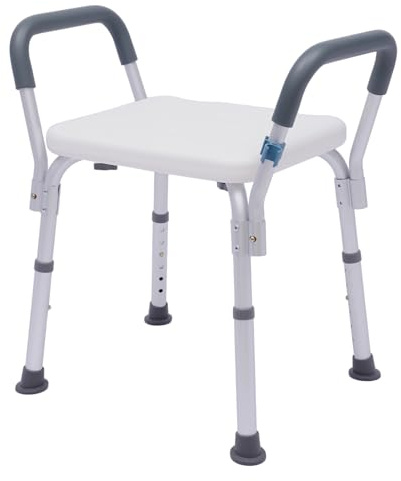Taburete de ducha con reposabrazos y ventosas, altura regulable 37-49 cm, capacidad de carga de 150 kg, silla de ducha con asiento de HDPE de 33 x 40 cm y soporte de ducha de mano, aluminio inoxidable