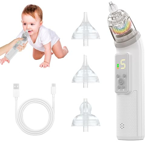 Aspirador Nasal Bebe Electrico, HOVCEH Sacamocos Bebe Electrico con Música, 5 Niveles Saca Mocos para Bebes con 3 Puntas de Silicona para Recién Nacidos y Niños