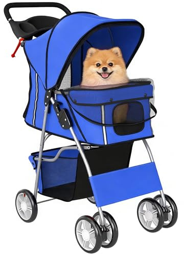PawHut Passeggino per Cani Taglia Piccola Mini Pieghevole, Carrozzina Cani Gatti 10kg con Ruote Girevoli 360°, Freni, Strisce Riflettenti, Cestino portaoggetti, Cuscino Lavabile, Portabicchieri, Blu