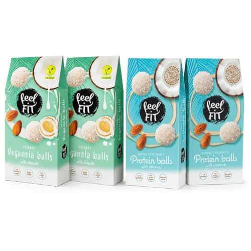 Feel FIT Bonbons sans sucre à la noix de coco Mix 2x2, Pralines coco protéinées et vegan, Amandes entières, gaufrette croustillante, Confiseries sans sucre 4 x 63 g