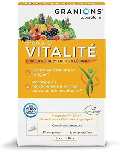 GRANIONS Vitalité - 30 Comprimés = 15 Jours - Complexe Breveté Oxxynea - Gelée Royale, Acérola, Vitamines du groupe B, Vitamine E, Vitamine D3, Oligoéléments - Fatigue Passagère - Marque Française