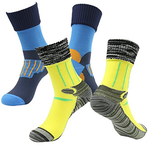 RANDY SUN 2 Pairs Waterproof Hunting Socks for Women, Women's Breathable Non-Binding Socks Running Jogging Climbing Trekking Mountain Biking Socks For Athletes' Dry Feet(Midcalf Blue&Yellow S)