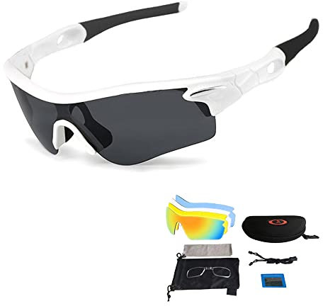 V VILISUN Polarized Sports Sunglasses, UV400 Protection Cycling Glasses with 5 Interchangeable Lenses for Men Women in Cycling, Fishing, Running, Driving, Golf, Baseball, Outdoor Activities (WHITE)