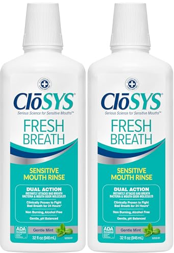 CloSYS Mouthwash, 32 Ounce, 2 Count, Fresh Breath Mouthwash, Gentle Mint, Alcohol Free, Dye Free, pH Balanced Mouth Wash, Helps Soothe Entire Mouth, Fights Bad Breath