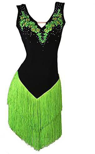 LIUHUO Robe de danse latine asymétrique avec col en V et broderie tridimensionnelle pour femme Vert, Taille M