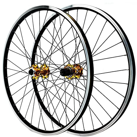 RUJIXU Mountain Bike Wheelset 26 inch Disc Brake Rim Brake MTB Quick Release Wheelset Double Wall Sealed Bearing Cassette 7 8 9 10 11 Speed 32 Spokes 6 Pawls (Color : Gold hud, Size : 26inch)