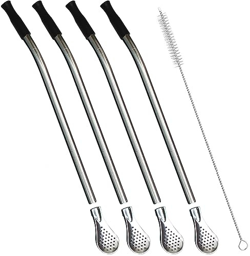 Reusable Bombilla Yerba Mate Straw - Stainless Steel Removable Spoon Style Filter with Soft Silicone Tip - Metal Straw for Drinking Loose Leaf Tea, Coffee - Includes Cleaning Brush by Beruth（Black）