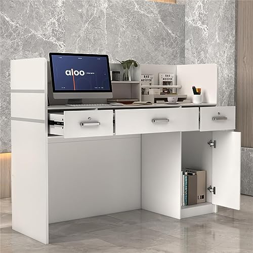 comptoir réception, comptoir de réception, bureau d'accueil Table avec 3 tiroirs et étagères pour halls d'entreprises, réceptions d'hôtels, magasins de vêtements, blanc 120cm L x 48cm P x 110cm H