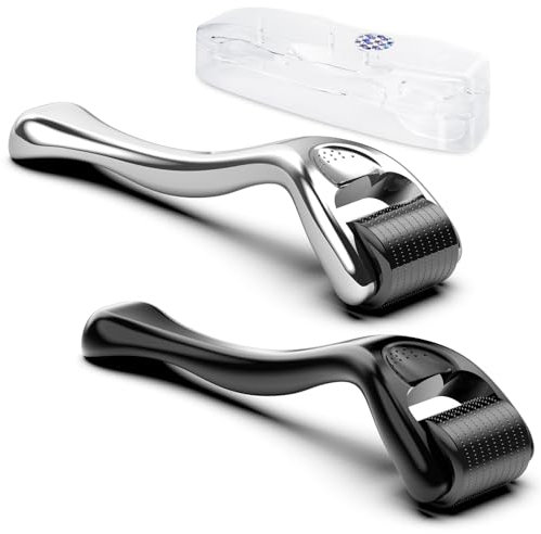 2pz Dermaroller per Pelle/Barba,GeeRic 0.3mm Derma Roller+Custodia 540 Aghi Rullo per Pelle Micro Rullo Aghi Microneedling Promuove Crescita Capelli Strumenti di Massaggio a Viso Cuoio Capelluto