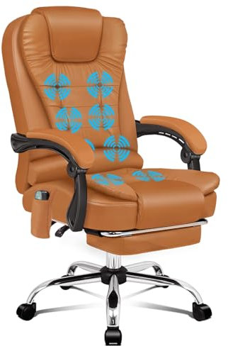 ALFORDSON Ergonomischer Bürostuhl, Schreibtischstuhl mit Wärmemassagefunktion, PU-Leder-Computerstuhl mit gepolsterten Armlehnen und weicher Kopfstütze, Drehstuhl mit Rollen, Braun