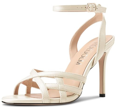 HDEUOLM Femmes Aiguille Haut High Talon Heel Rond Bout Sandales Slingback Lanières Cheville Boucle Mariage Dress 10 CM Heels Blanc Ivoire 36 EU