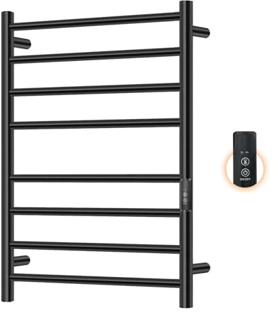 Aquatrend Towel Warmers for Bathroom, Electric Heated Towel Rack Wall Mounted, Hot Storage Rack with Built-in Timer, Stainless Steel, 8 Bars, Plug-in, Fast Heating, Black