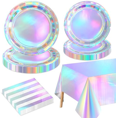 Iridescent Party Decorations for 20 Guests, Iridescent Tableware Set Includes Holographic Paper Plates, Napkins, Tablecloth for Birthday Mermaid Themed Party Decorations Wedding