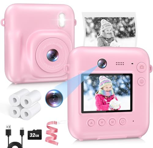 Kids Camera Instant Print, Dual-Lens 48MP,1080P HD Video and Selfie Kids Camera with 32G Card and 4 Print Paper, for Age 3-12 Years Old Boys & Girls Birthday Gifts (Pink)