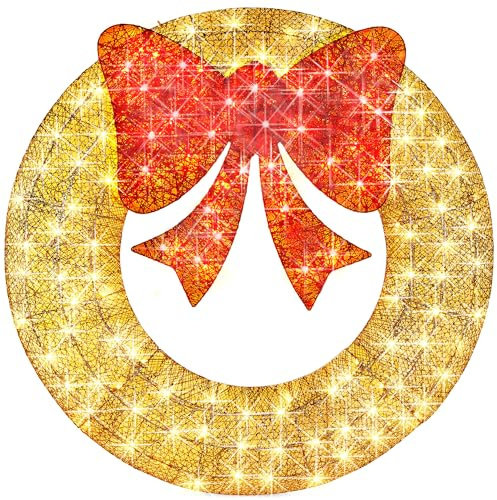 Best Choice Products 30in Pre-Lit Outdoor Christmas Wreath Decoration, LED Metal Holiday Decor for Home w/ 100 Lights, Bow - Gold/Red