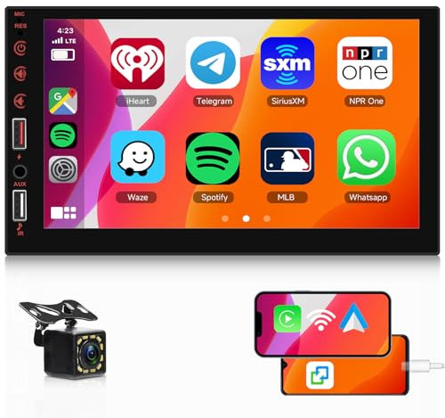 2 Din Autoradio Schermo con Wireless Carplay Android Auto, Hodozzy 7 Pollici IPS Touch Screen 2 Din Stereo Auto con Bluetooth, Mirror Link, EQ SWC, FM, USB/AUX, Radio 2 Din con Telecamera Posteriore