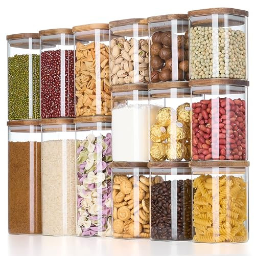 Danmu Art 15-Pack Borosilicate Glass Square Jars Set with Acacia Wood Lids - 10.8L Total Capacity, Airtight Press-Top Lids, Space-Saving for Pantry Storage, Flour, Sugar, Pasta, Tea, Coffee, Herbs