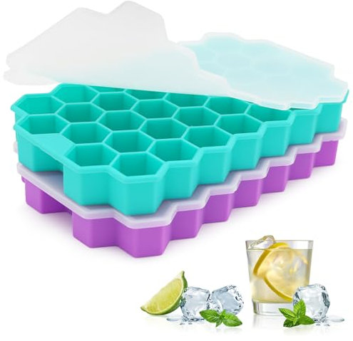 Azyh Vassoi per cubetti di ghiaccio per congelatore con coperchio, 37 griglie in silicone con coperchio, per piccoli stampi per cubetti di ghiaccio, cubetti di ghiaccio riutilizzabili a facile