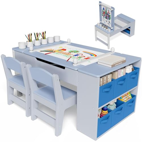 Clevich Kindertisch mit 2 Stühlen, Tisch-Stuhl Set Holz, Kindersitzgruppe mit Stauraum, Maltisch mit Papierrolle, Mal und Basteltisch für ab 3 Jahre (Blau)