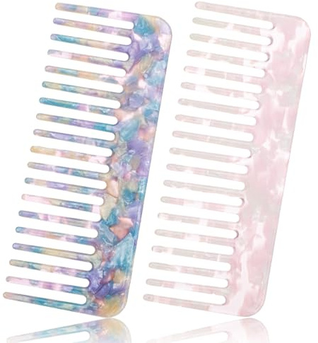 Lot de 2 peignes bouclés antistatiques avec grande denture - Incassables - Pour cheveux épais et longs - Rose/violet