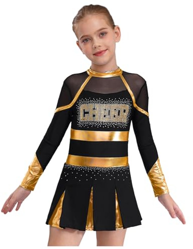 Riismen Cheer Leader Kostüm Mädchen High School Cheer Uniform Glitzerndes Cheerleading Tanzkleid Ballettkleid Eiskunstlauf Kleid Schwarz&Gold 110-116