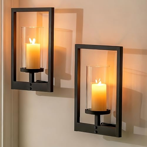 Walasis Black Candle Sconces Wall Decor: Set of 2 Metal Morden Style Frame Wall Candle Holder with Hurricane - Wall Mounted Minimalism Decorations for Living Room Hallway